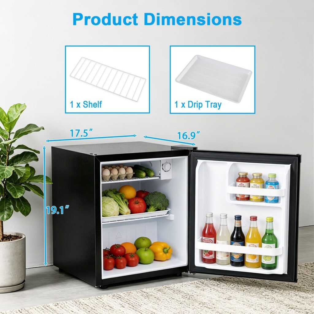 COSTWAY mini fridge filled with drinks, fruits and snacks