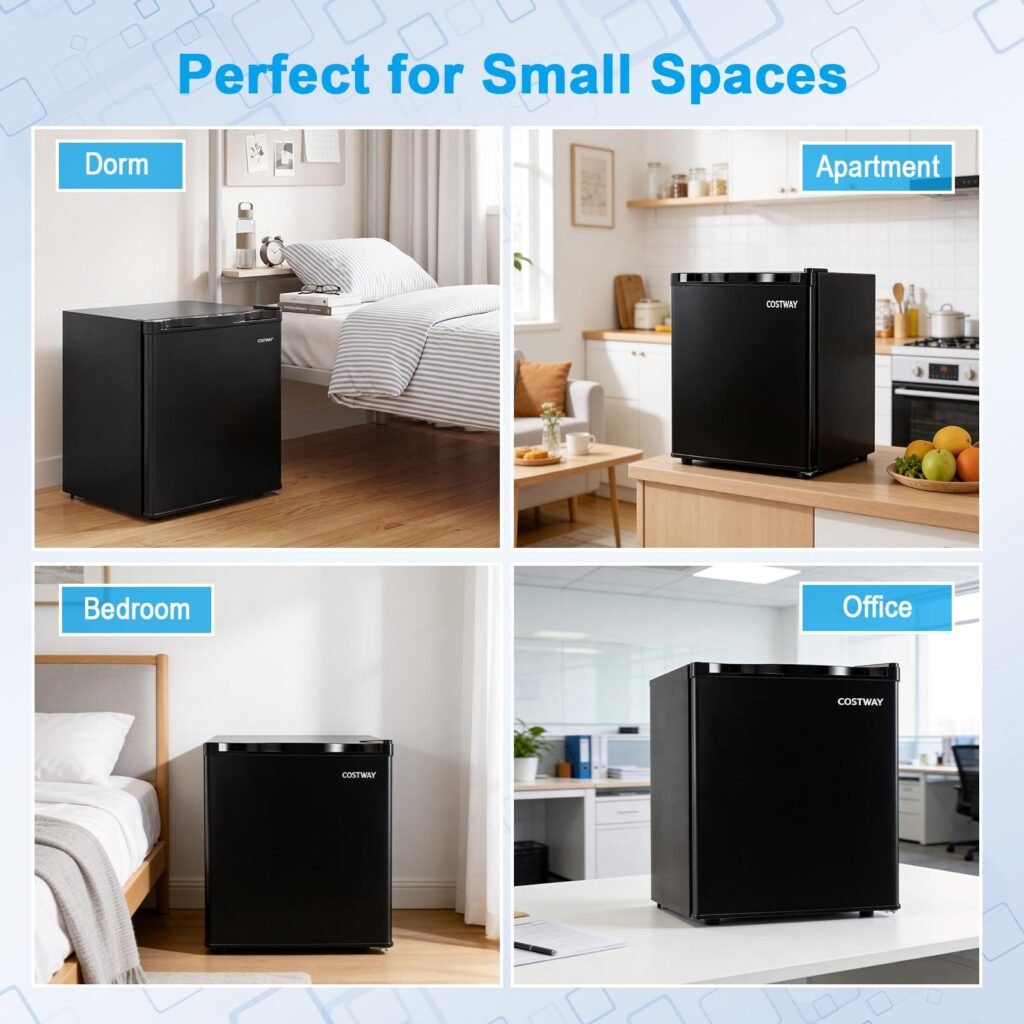 Compact COSTWAY mini fridge in a dorm room