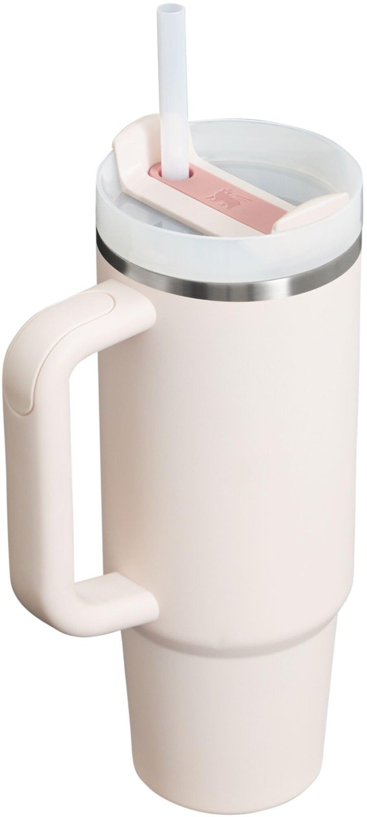 Close-up of Stanley Quencher stainless steel body and handle
