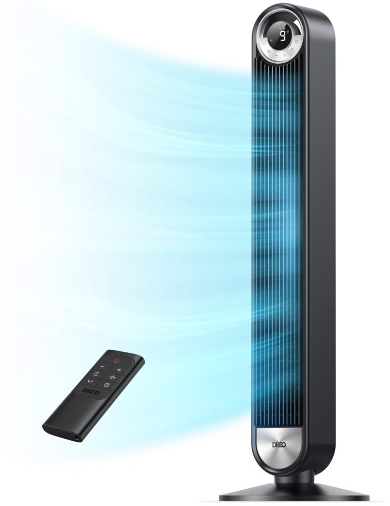 DREO Tower Fan for Bedroom Review showing the black bladeless tower fan with upgraded DC motor