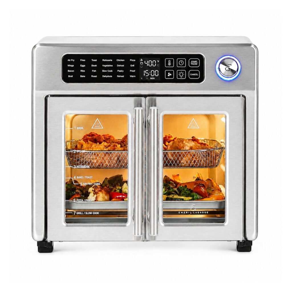 “Emeril Lagasse Extra Large French Door Air Fryer Toaster Oven Combo on a kitchen counter.”