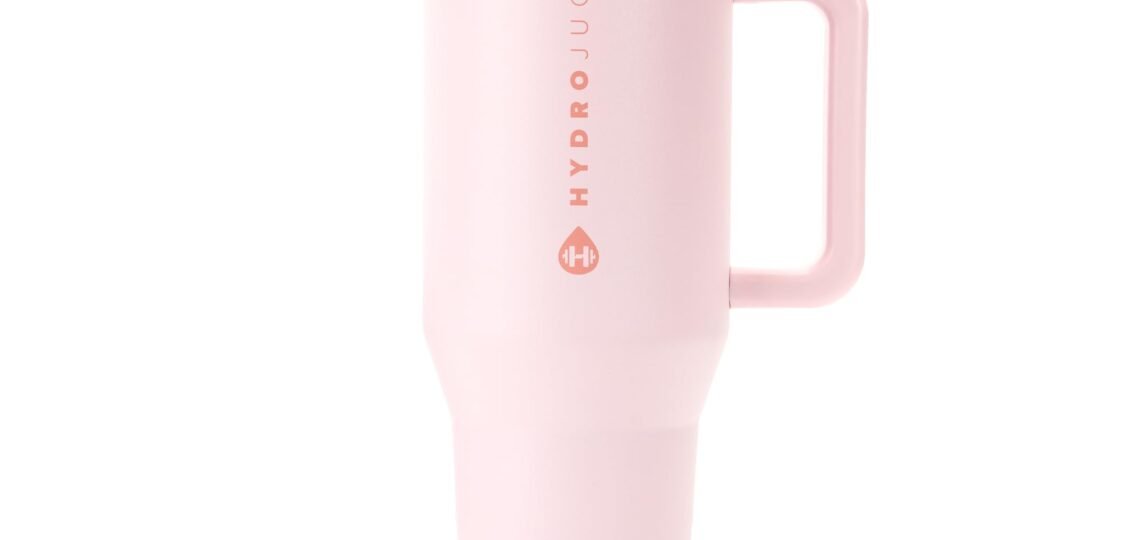 HydroJug Traveler 40oz Pink Sand insulated tumbler with handle and flip straw