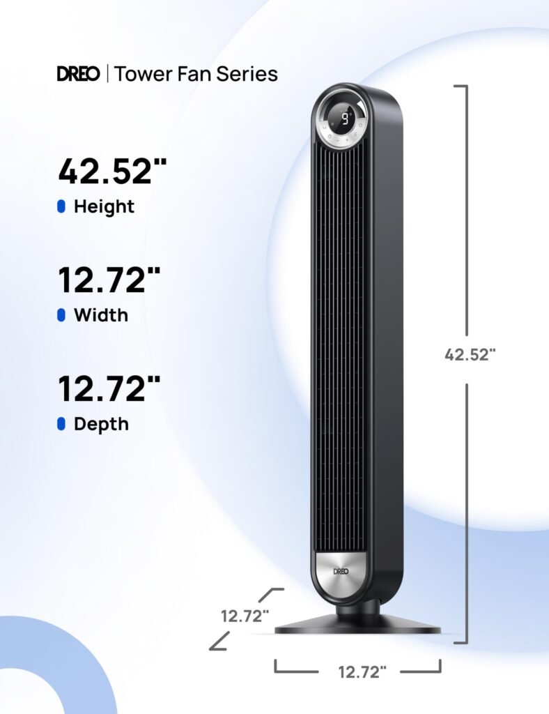 DREO Tower Fan for Bedroom placed beside a bed in a modern bedroom