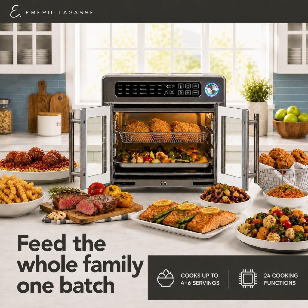 Emeril Lagasse Extra Large French Door Air Fryer Toaster Oven Combo 26QT with stainless steel finish.