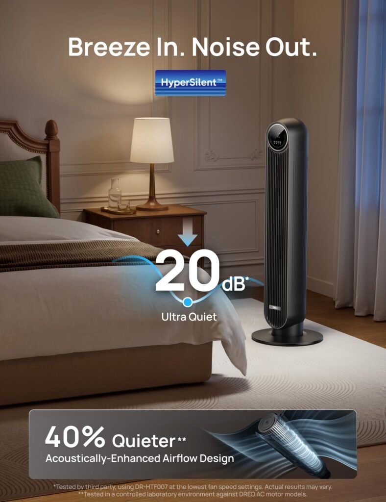 DREO bladeless tower fan with simple controls and remote