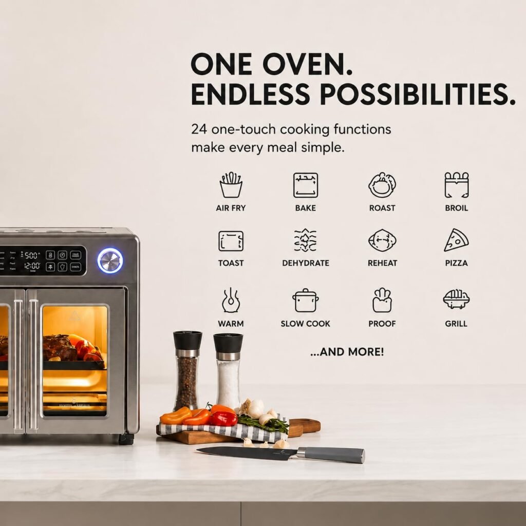 Emeril Lagasse Extra Large French Door Air Fryer Toaster Oven Combo 26QT with stainless steel finish.