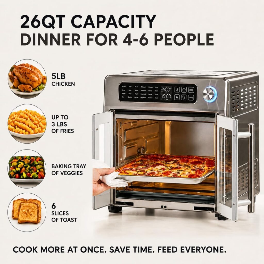 Emeril Lagasse Extra Large French Door Air Fryer Toaster Oven Combo 26QT with stainless steel finish.