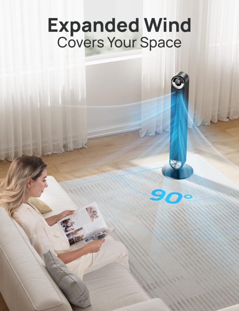 DREO Tower Fan for Bedroom delivering powerful airflow across a modern bedroom
