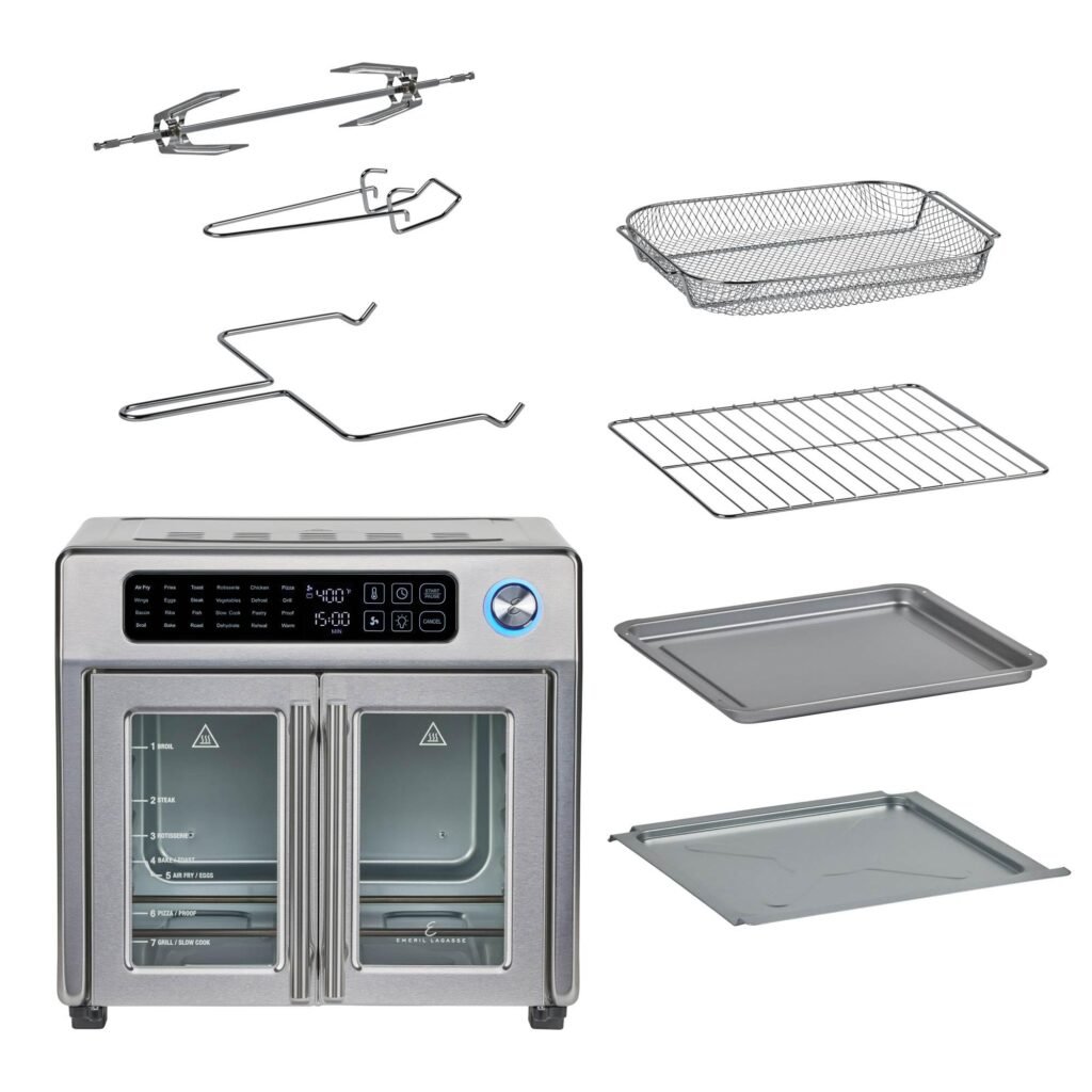 Emeril Lagasse Extra Large French Door Air Fryer Toaster Oven Combo 26QT with stainless steel finish.