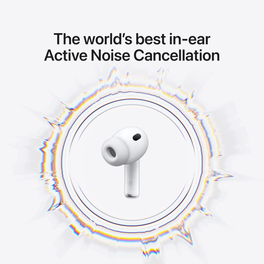Diagram highlighting AirPods Pro 3 features including ANC, heart rate sensor, and USB-C