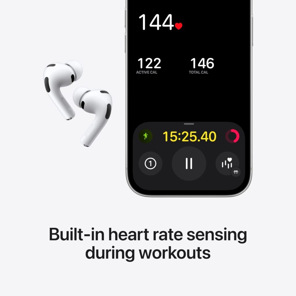 Runner wearing AirPods Pro 3 while the earbuds track heart rate during exercise
