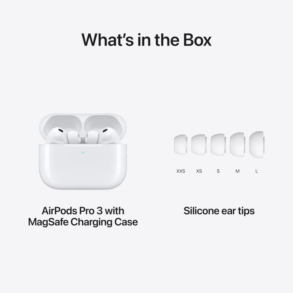 AirPods Pro 3 earbuds displayed next to a five-star rating graphic